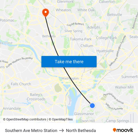 Southern Ave Metro Station to North Bethesda map