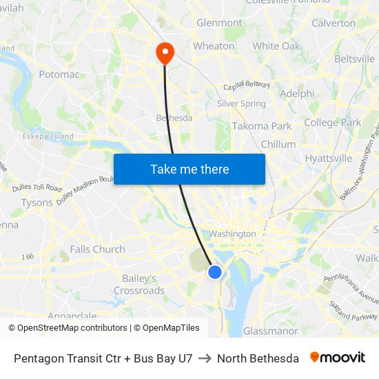 Pentagon Transit Ctr + Bus Bay U7 to North Bethesda map