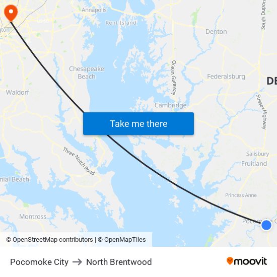 Pocomoke City to North Brentwood map