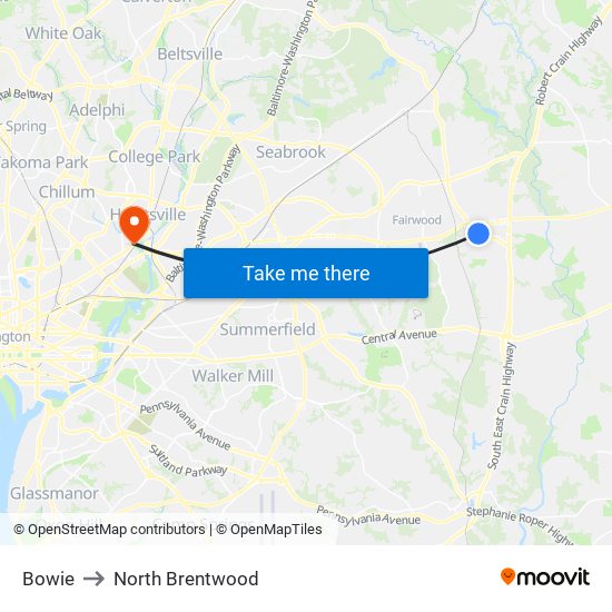 Bowie to North Brentwood map
