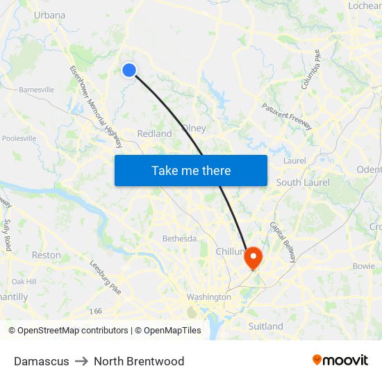 Damascus to North Brentwood map