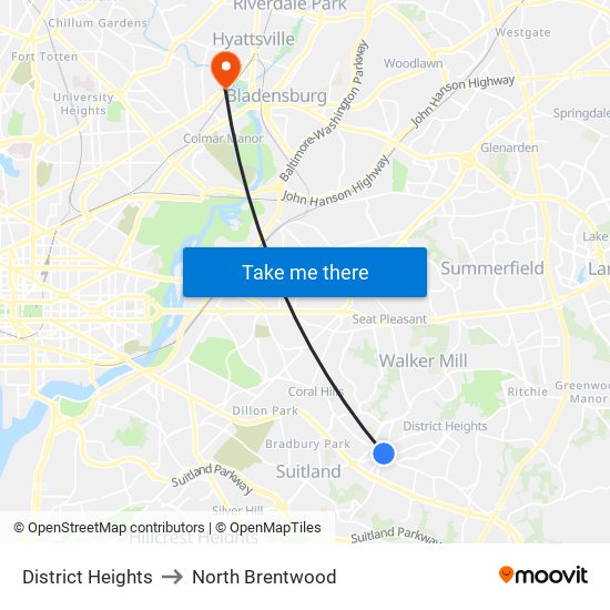 District Heights to North Brentwood map