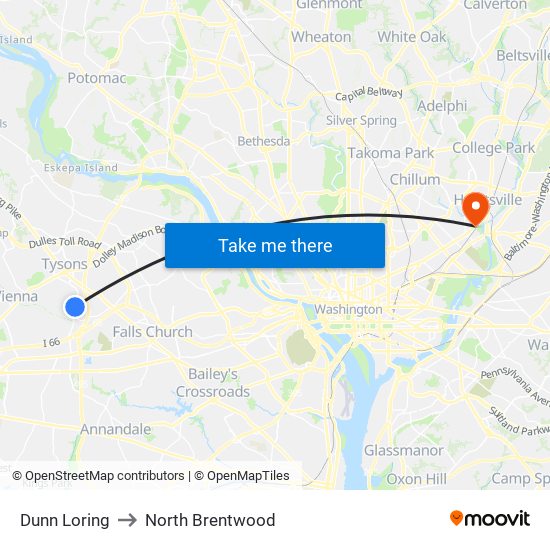 Dunn Loring to North Brentwood map