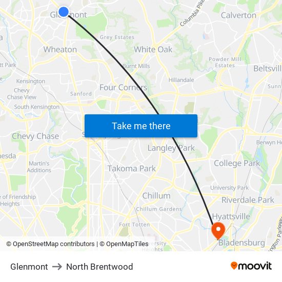 Glenmont to North Brentwood map
