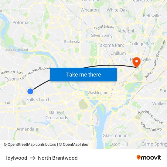 Idylwood to North Brentwood map