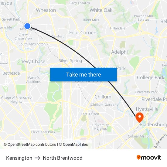 Kensington to North Brentwood map