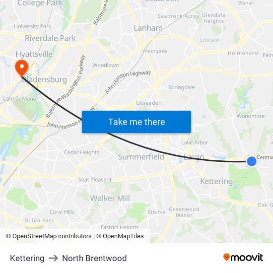 Kettering to North Brentwood map