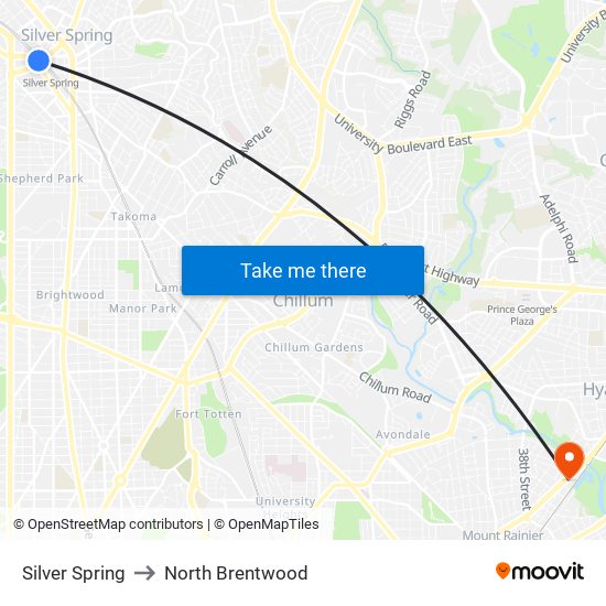 Silver Spring to North Brentwood map