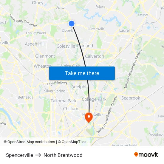 Spencerville to North Brentwood map