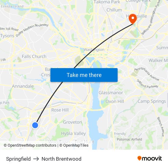 Springfield to North Brentwood map