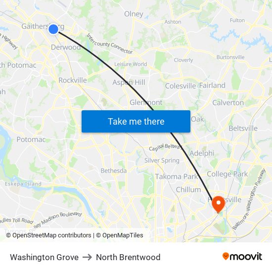 Washington Grove to North Brentwood map