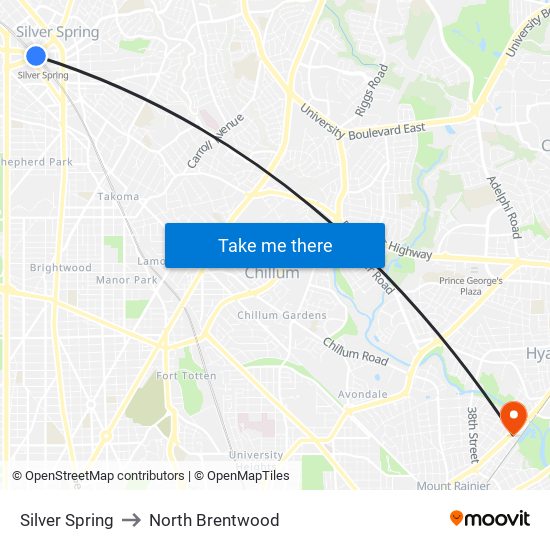 Silver Spring to North Brentwood map