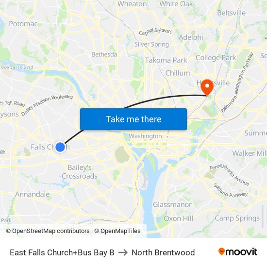 East Falls Church+Bus Bay B to North Brentwood map