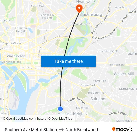 Southern Ave Metro Station to North Brentwood map