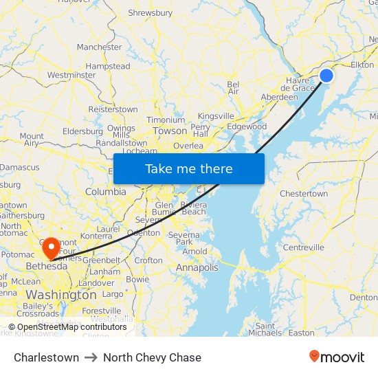 Charlestown to North Chevy Chase map