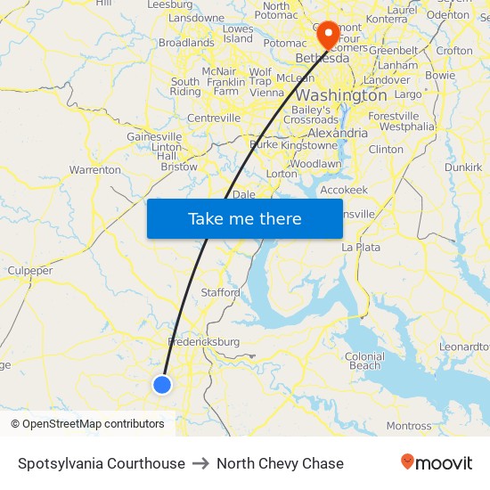 Spotsylvania Courthouse to North Chevy Chase map