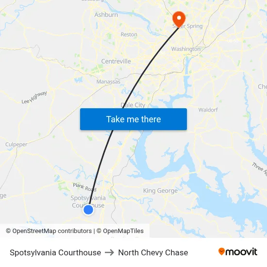 Spotsylvania Courthouse to North Chevy Chase map
