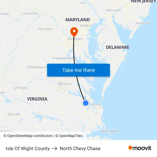 Isle Of Wight County to North Chevy Chase map
