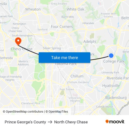 Prince George's County to North Chevy Chase map