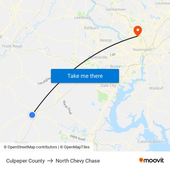 Culpeper County to North Chevy Chase map