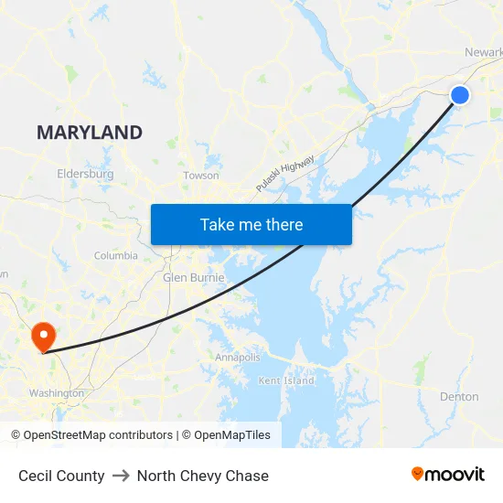 Cecil County to North Chevy Chase map