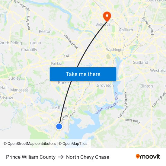 Prince William County to North Chevy Chase map