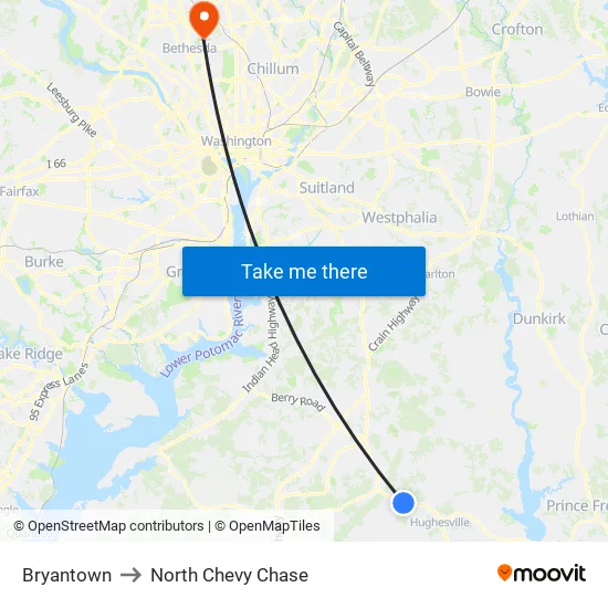 Bryantown to North Chevy Chase map