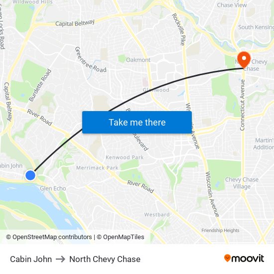 Cabin John to North Chevy Chase map