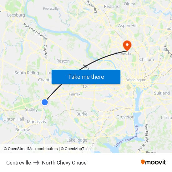 Centreville to North Chevy Chase map