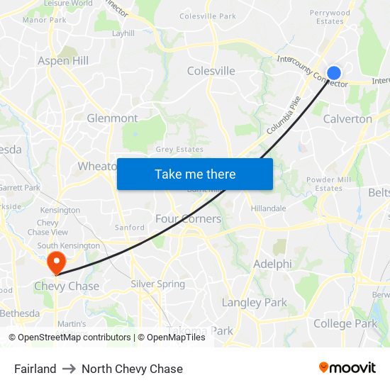 Fairland to North Chevy Chase map