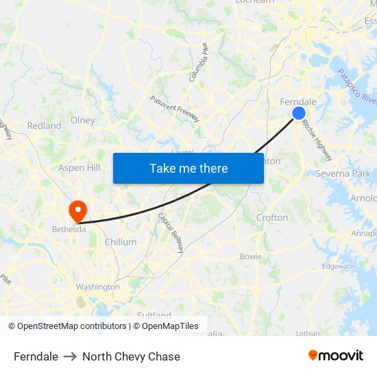 Ferndale to North Chevy Chase map