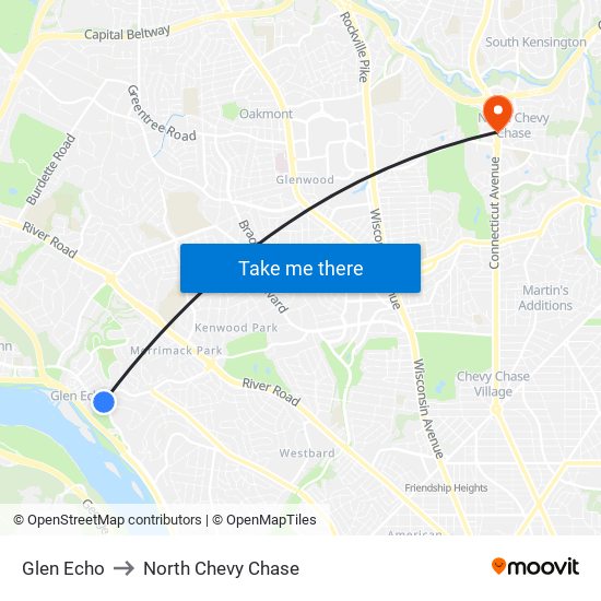 Glen Echo to North Chevy Chase map