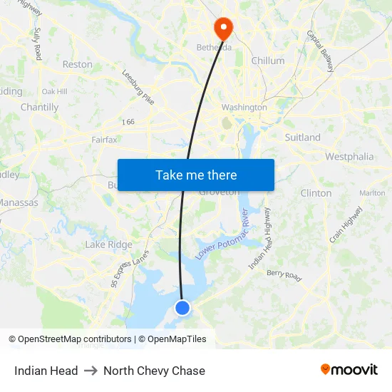 Indian Head to North Chevy Chase map
