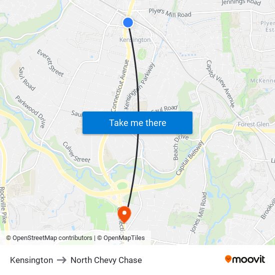 Kensington to North Chevy Chase map