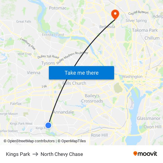 Kings Park to North Chevy Chase map