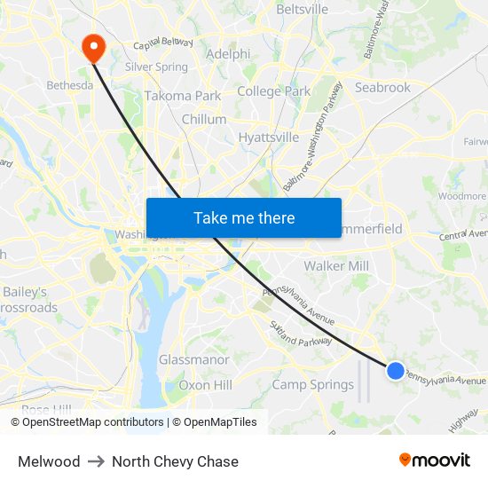 Melwood to North Chevy Chase map