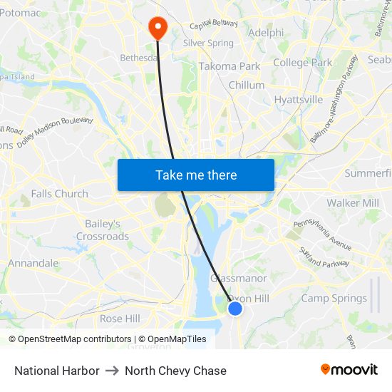 National Harbor to North Chevy Chase map