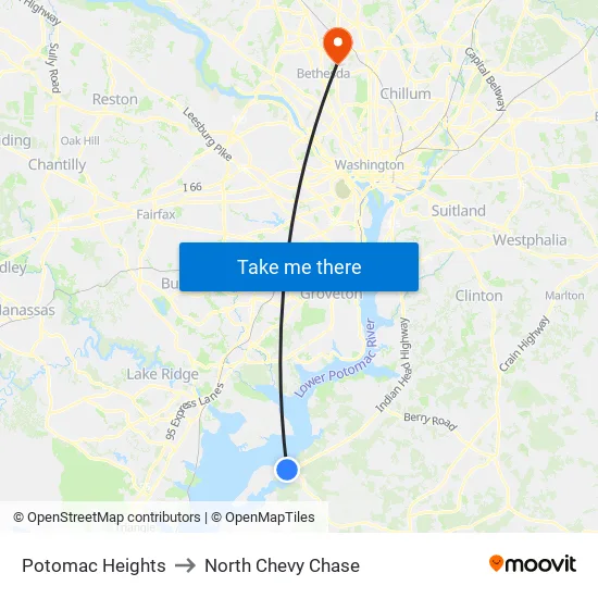 Potomac Heights to North Chevy Chase map