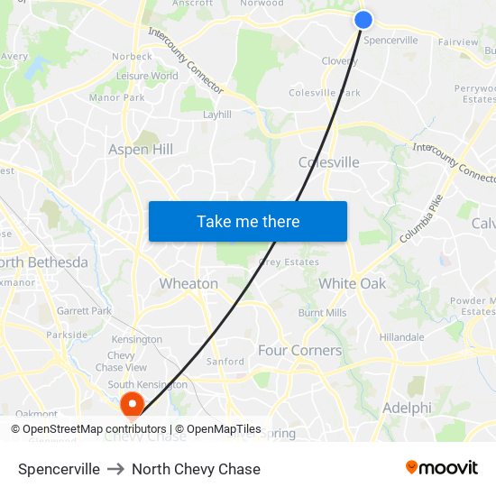 Spencerville to North Chevy Chase map