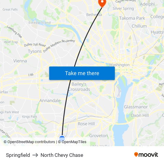 Springfield to North Chevy Chase map