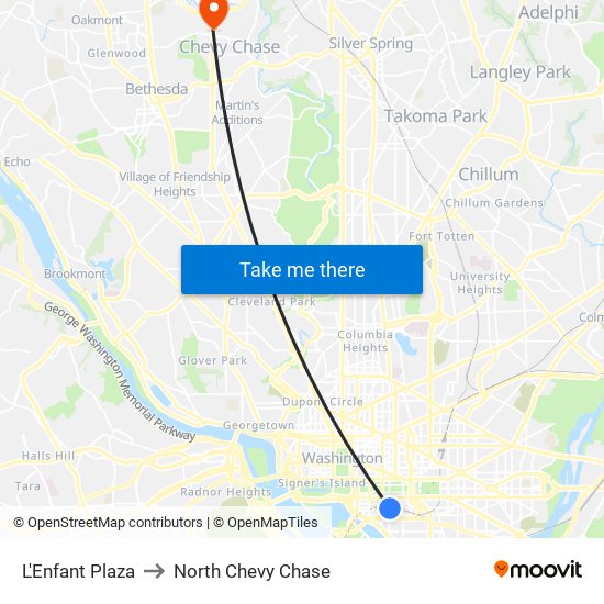 L'Enfant Plaza to North Chevy Chase map