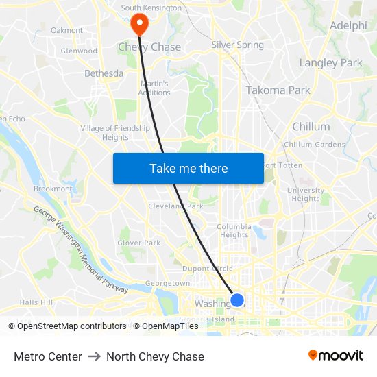 Metro Center to North Chevy Chase map