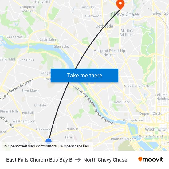 East Falls Church+Bus Bay B to North Chevy Chase map