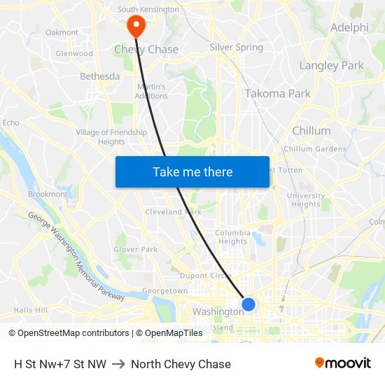 H St Nw+7 St NW to North Chevy Chase map