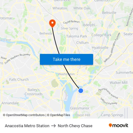 Anacostia Metro Station to North Chevy Chase map