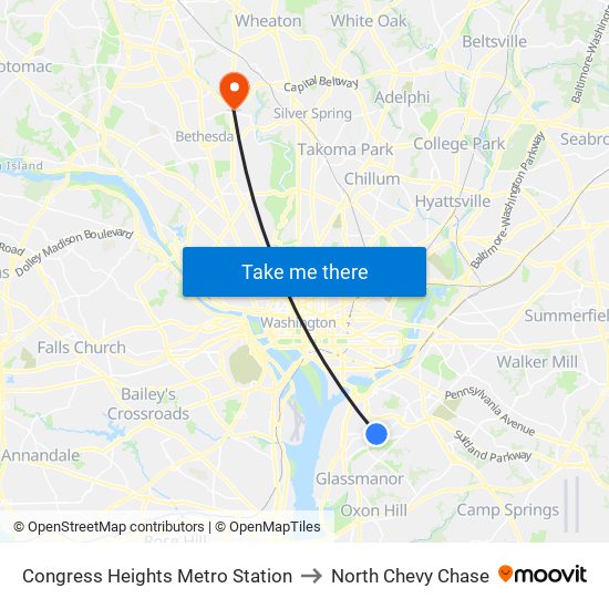 Congress Heights Metro Station to North Chevy Chase map