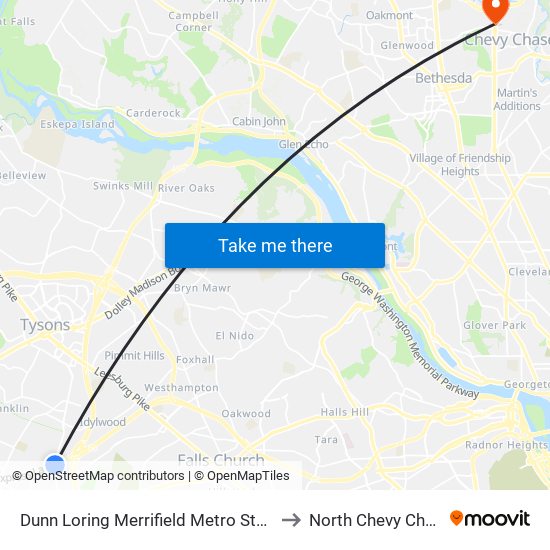 Dunn Loring Merrifield Metro Station to North Chevy Chase map