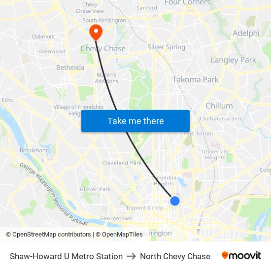 Shaw-Howard U Metro Station to North Chevy Chase map