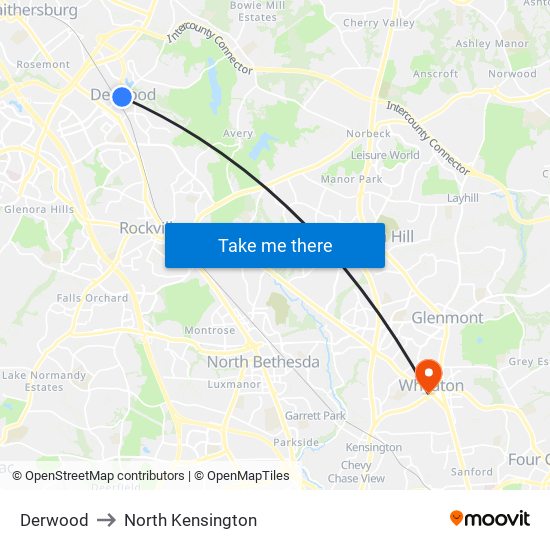 Derwood to North Kensington map