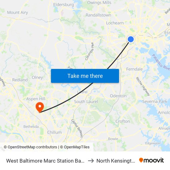 West Baltimore Marc Station Bay 1 to North Kensington map